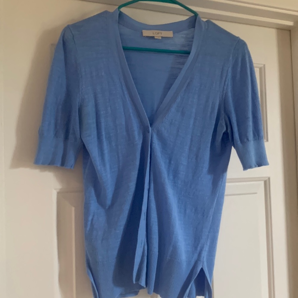 Loft cornflower blue short sleeve light cardigan, size small, GUC.